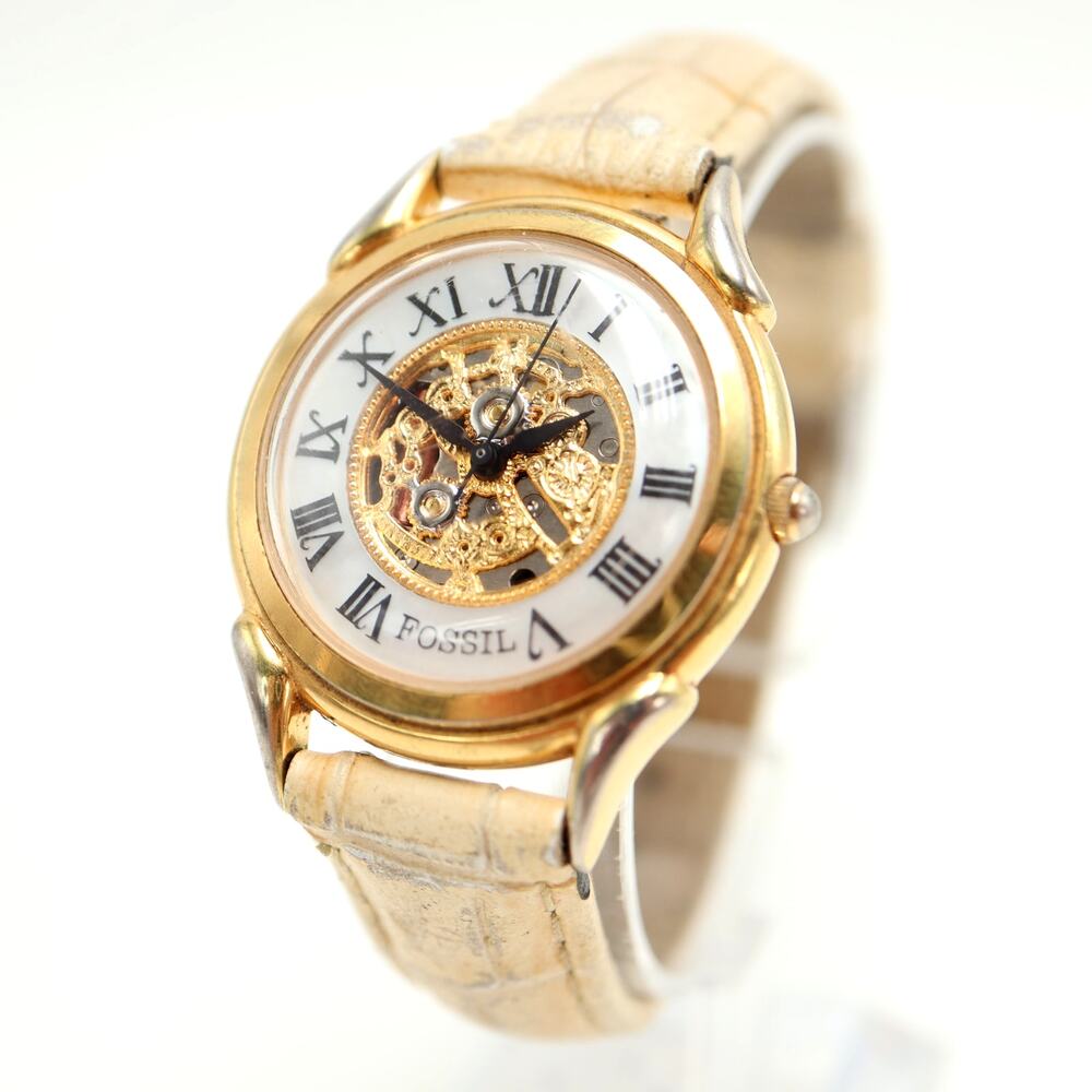 Vintage Fossil Faux Skeleton MOP 34mm Unisex Watch Beige Leather w New Battery - Picture 1 of 15